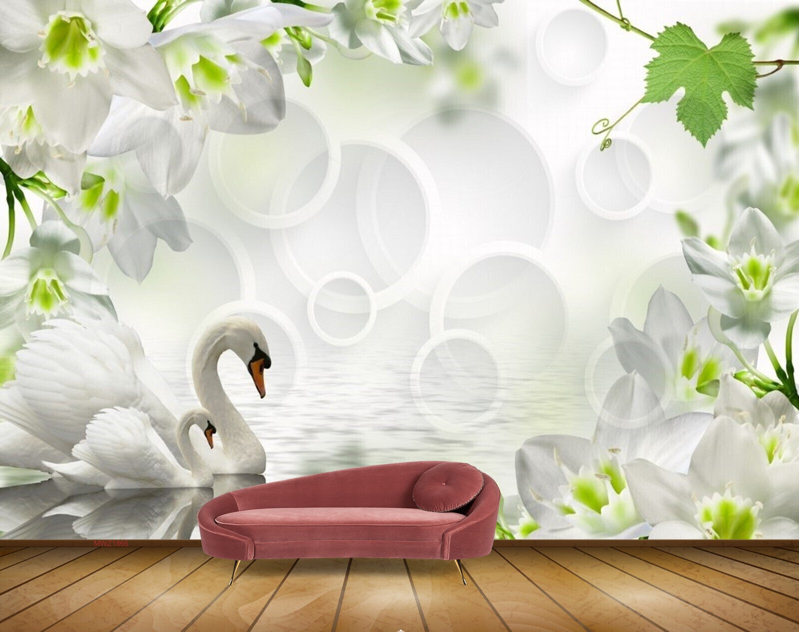 Avikalp MWZ1865 White Flowers Swans 3D HD Wallpaper