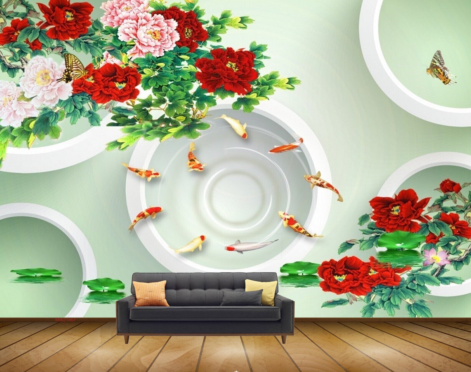 Avikalp MWZ1867 Red Pink White Flowers Fishes Butterflies HD Wallpaper