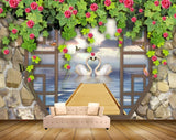 Avikalp MWZ1870 Pink Flowers Swans Butterflies HD Wallpaper