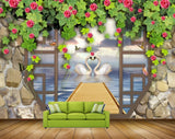 Avikalp MWZ1870 Pink Flowers Swans Butterflies 3D HD Wallpaper