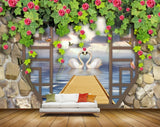 Avikalp MWZ1870 Pink Flowers Swans Butterflies 3D HD Wallpaper