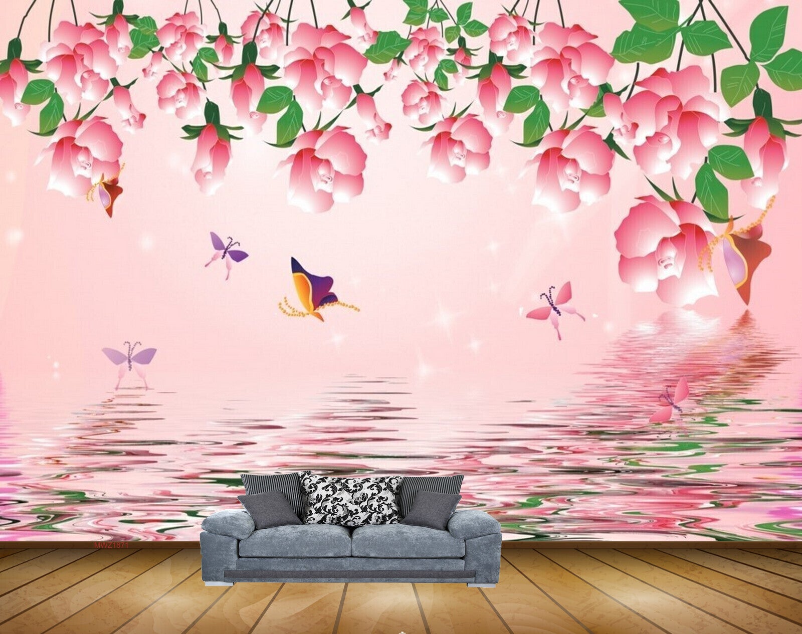 Avikalp MWZ1871 Pink Flowers Butterflies River HD Wallpaper
