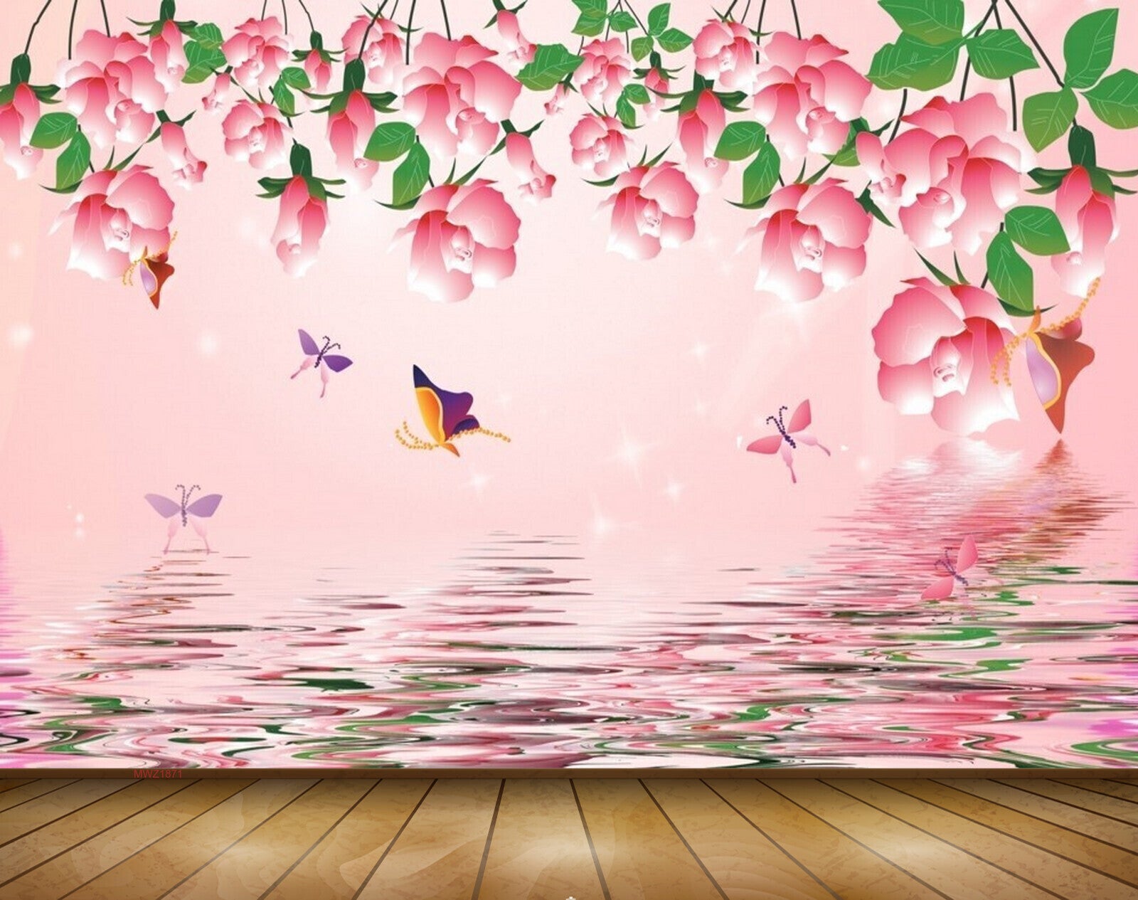 Avikalp MWZ1871 Pink Flowers Butterflies River 3D HD Wallpaper