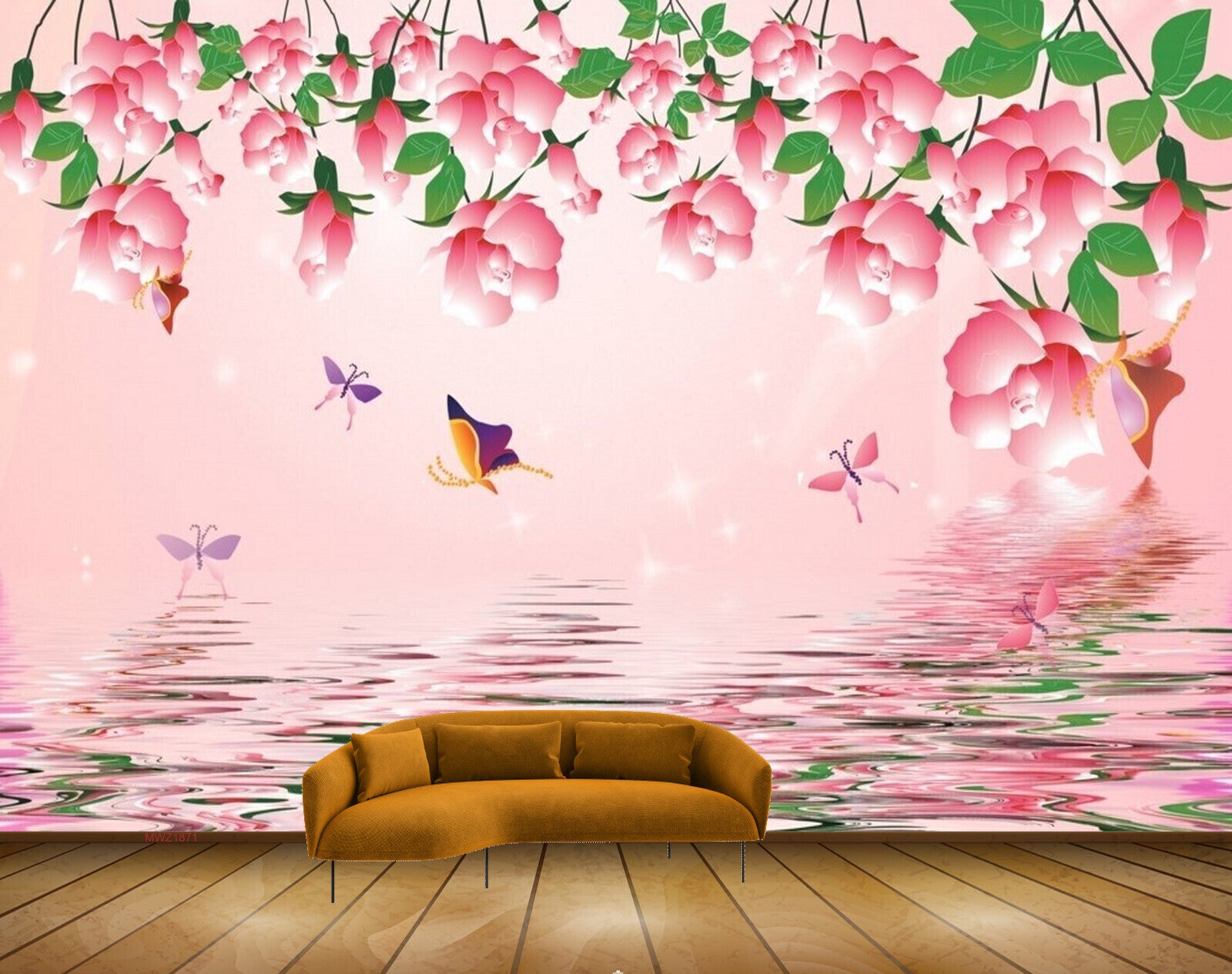 Avikalp MWZ1871 Pink Flowers Butterflies River 3D HD Wallpaper