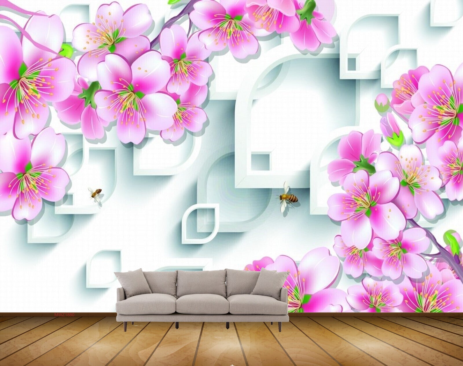 Avikalp MWZ1880 Pink White Honeybees 3D HD Wallpaper