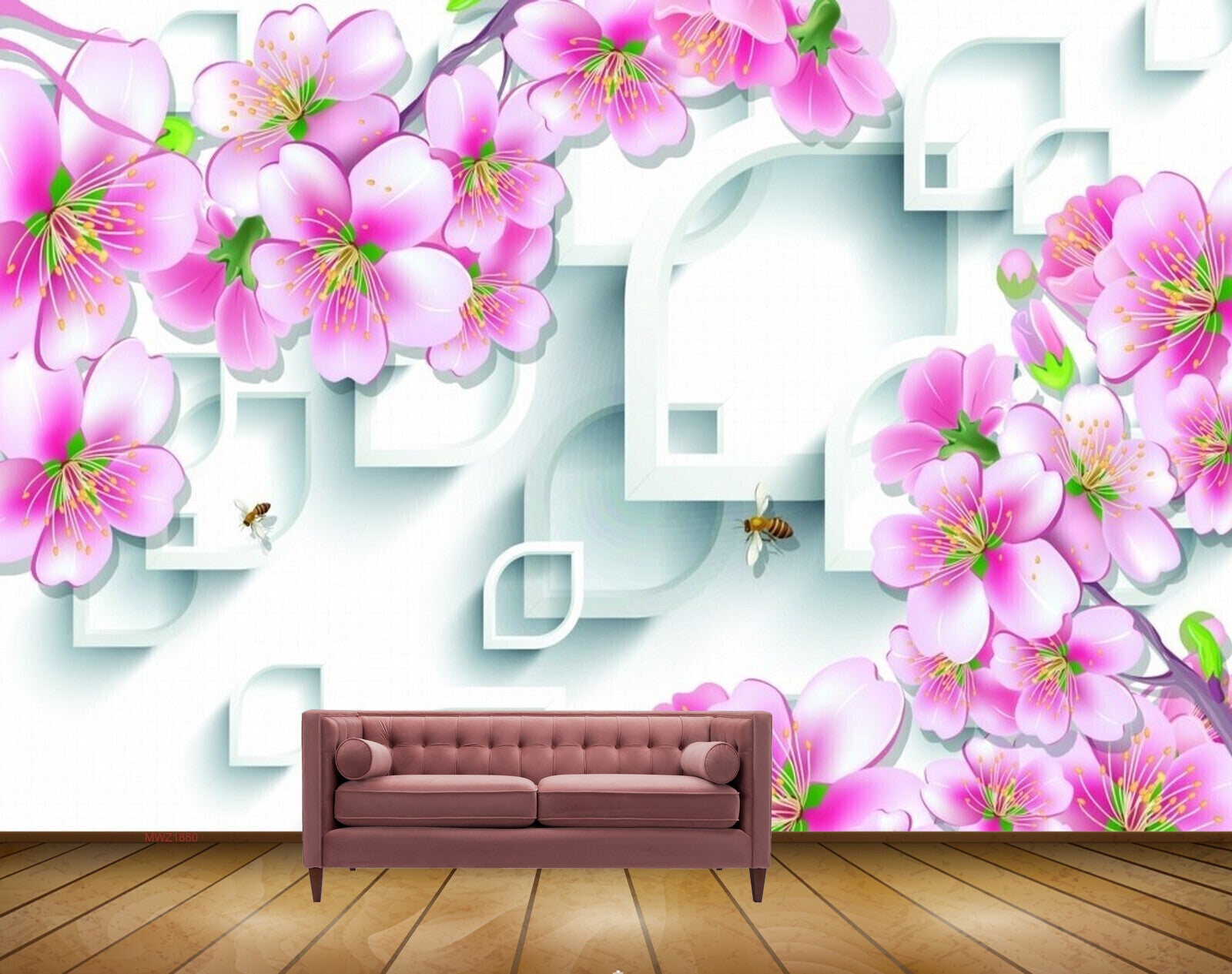Avikalp MWZ1880 Pink White Honeybees 3D HD Wallpaper