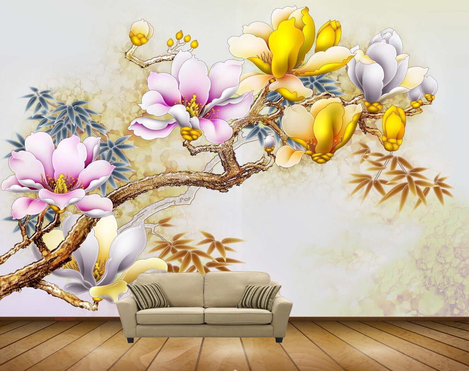 Avikalp MWZ1891 Pink Yellow Flowers Branches HD Wallpaper