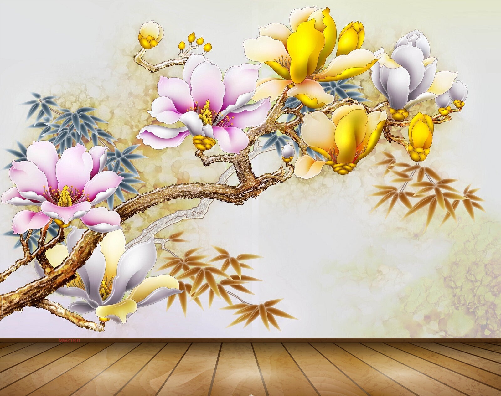 Avikalp MWZ1891 Pink Yellow Flowers Branches 3D HD Wallpaper