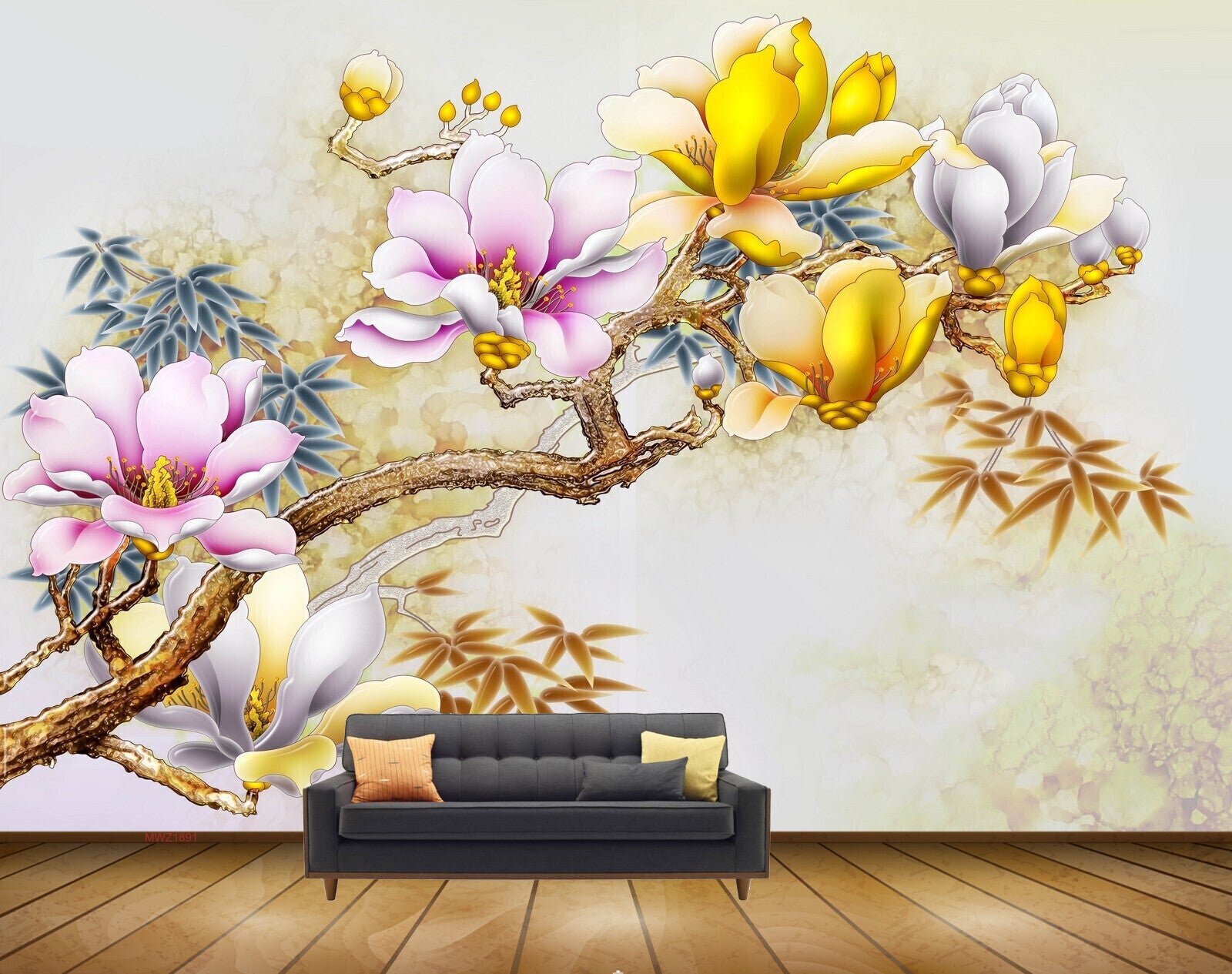 Avikalp MWZ1891 Pink Yellow Flowers Branches 3D HD Wallpaper