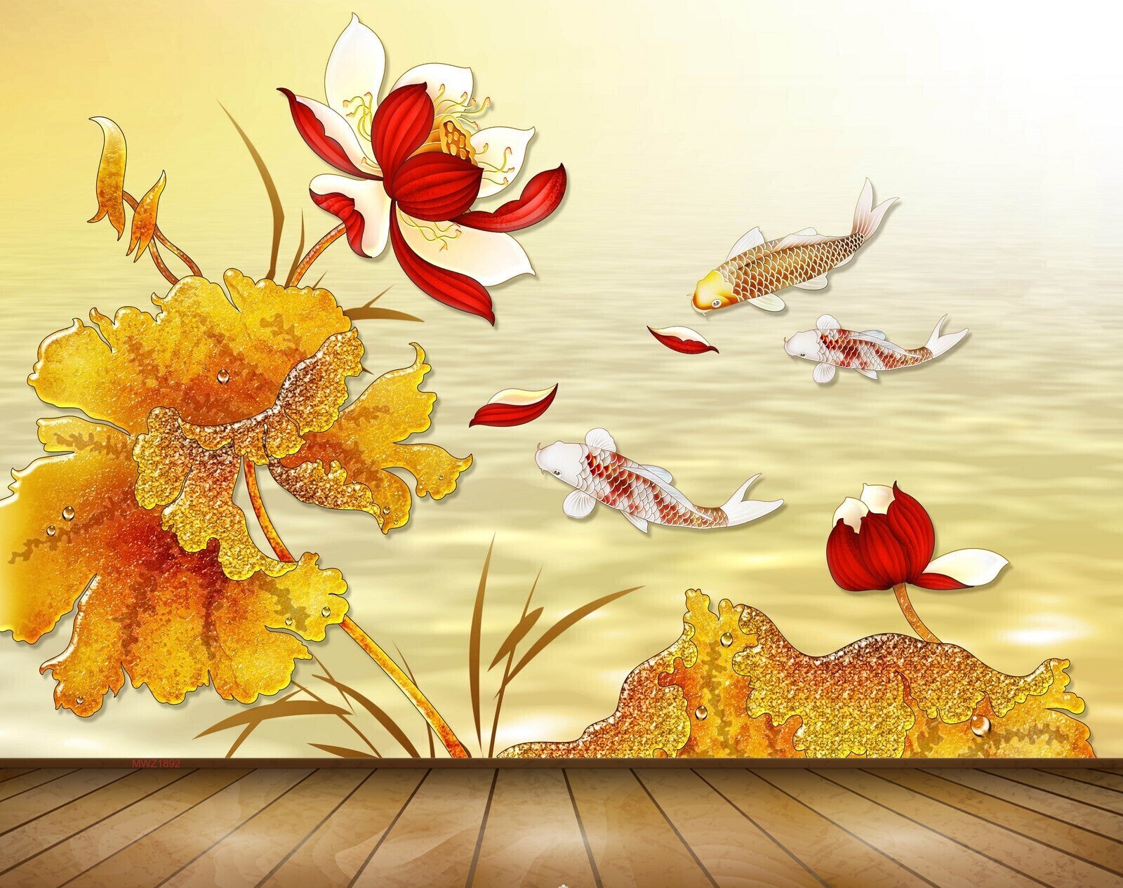 Avikalp MWZ1892 Red White Flowers Leaves Fishes 3D HD Wallpaper