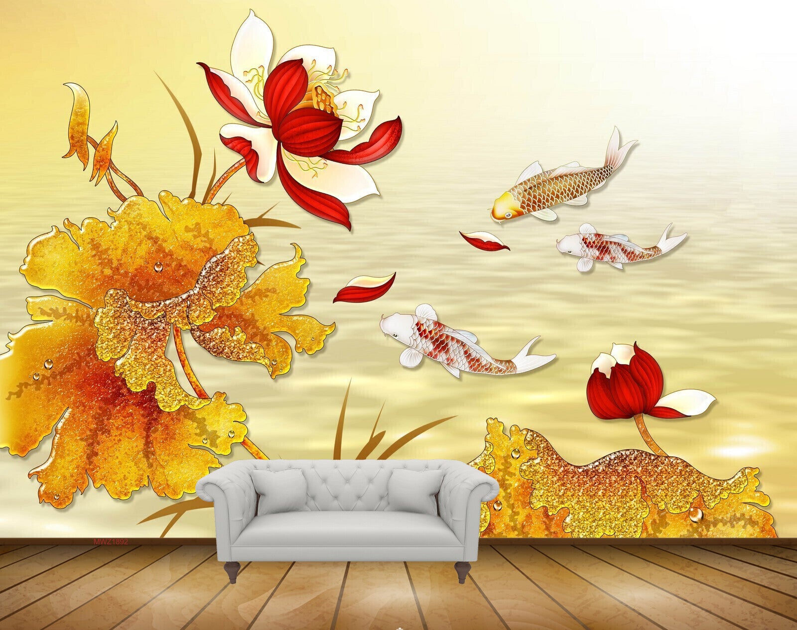 Avikalp MWZ1892 Red White Flowers Leaves Fishes 3D HD Wallpaper