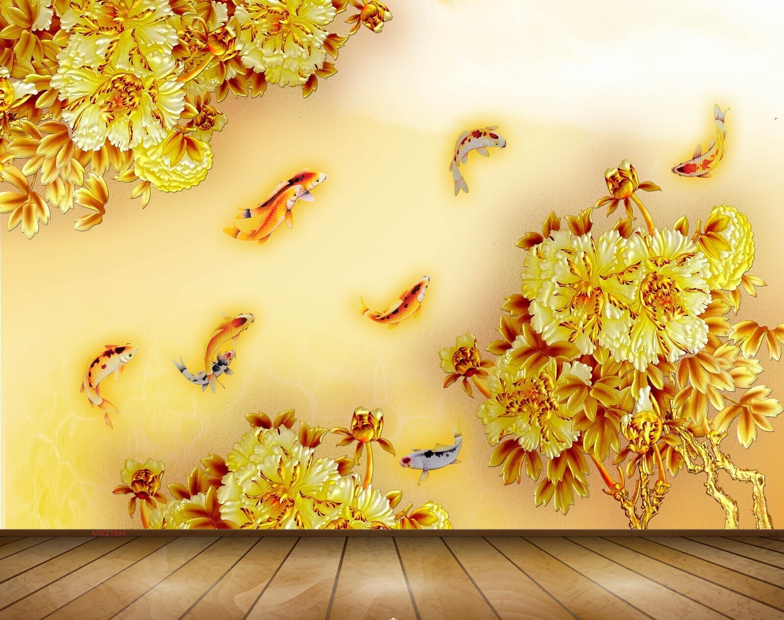 Avikalp MWZ1894 Yellow Orange Flowers Fishes 3D HD Wallpaper