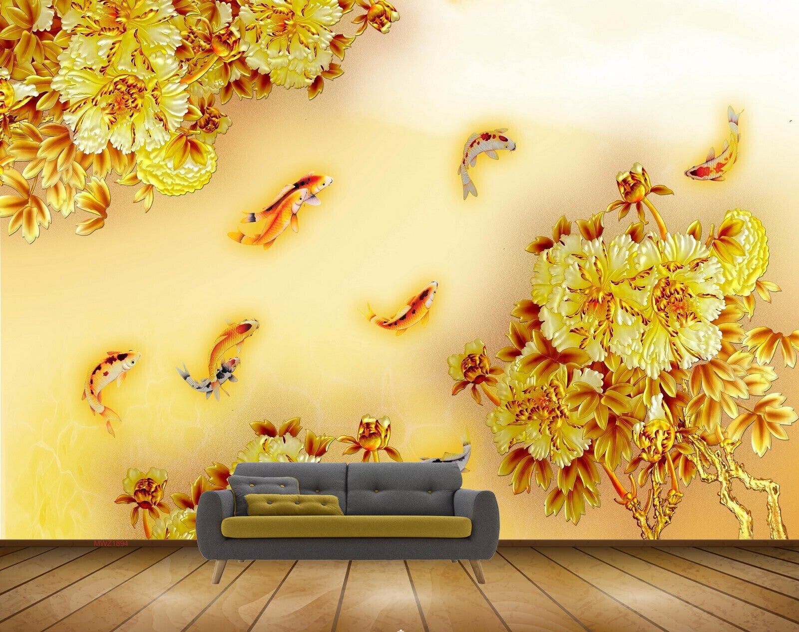 Avikalp MWZ1894 Yellow Orange Flowers Fishes 3D HD Wallpaper