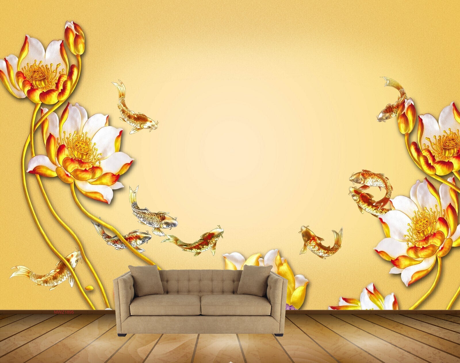Avikalp MWZ1895 Yellow Golden Flowers Fishes 3D HD Wallpaper