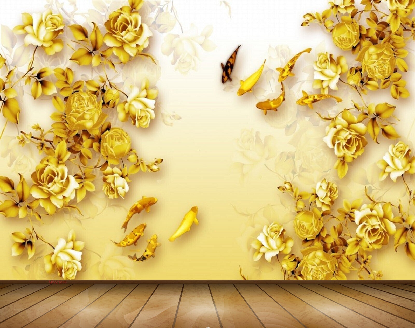 Avikalp MWZ1896 Golden Flowers Fishes 3D HD Wallpaper