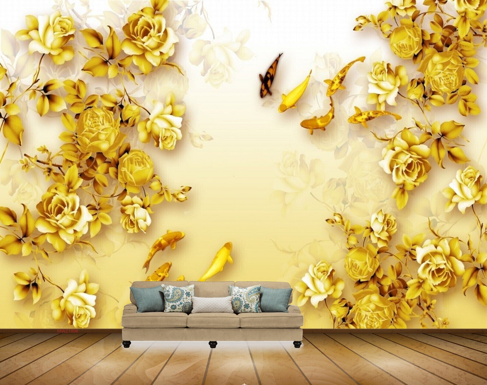 Avikalp MWZ1896 Golden Flowers Fishes 3D HD Wallpaper