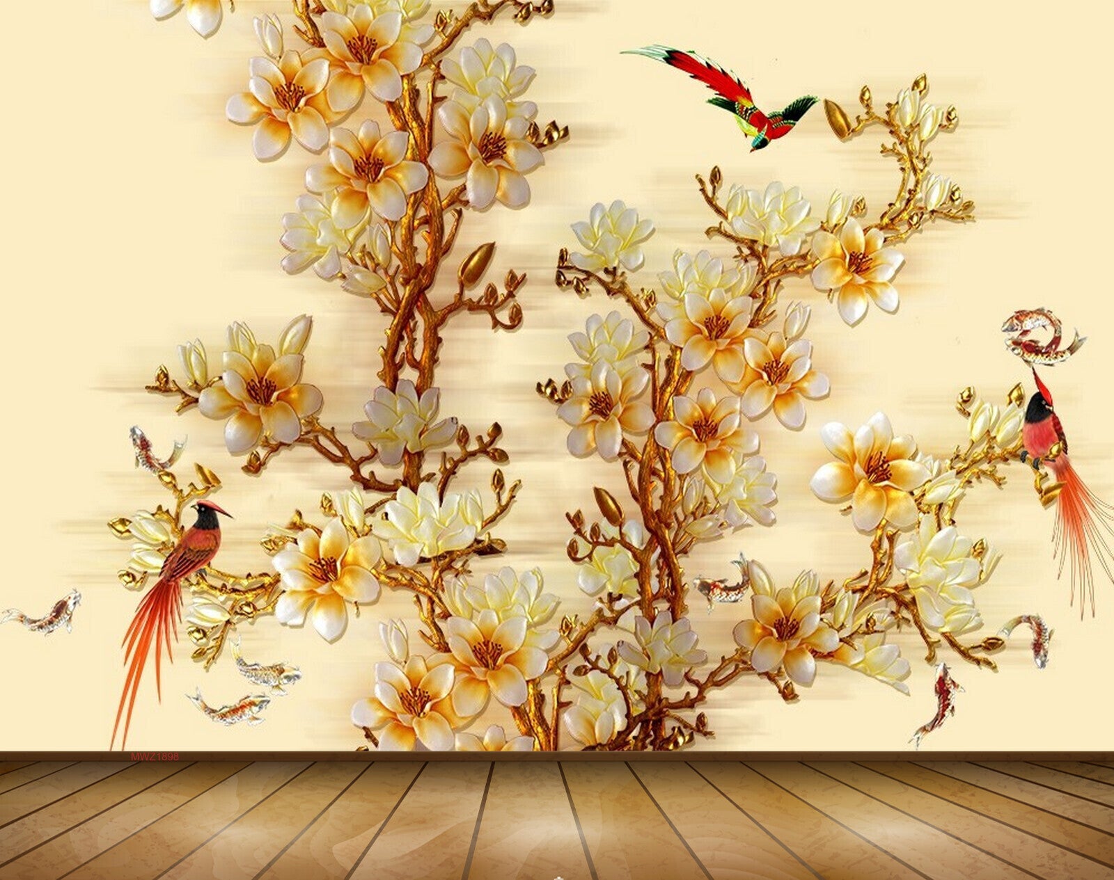 Avikalp MWZ1898 White Yellow Flowers Birds 3D HD Wallpaper