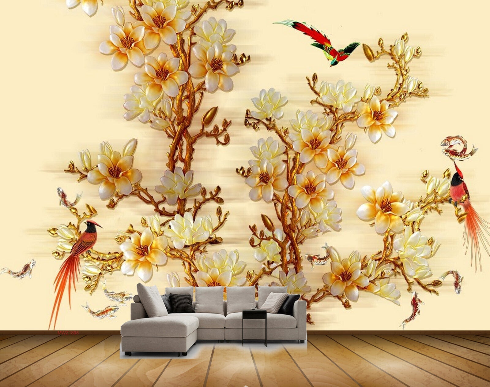 Avikalp MWZ1898 White Yellow Flowers Birds 3D HD Wallpaper