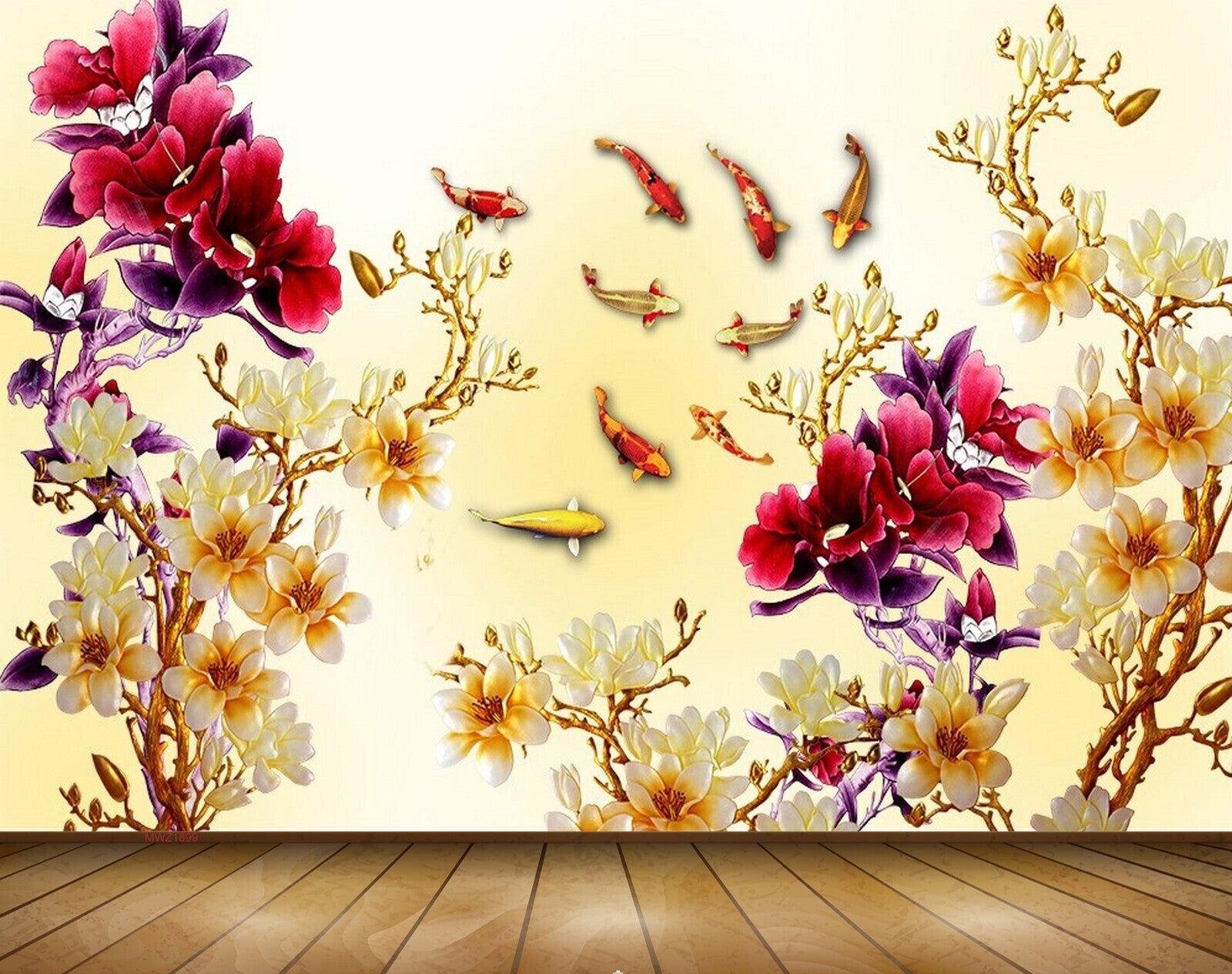 Avikalp MWZ1899 Pink Purple Flowers Fishes 3D HD Wallpaper