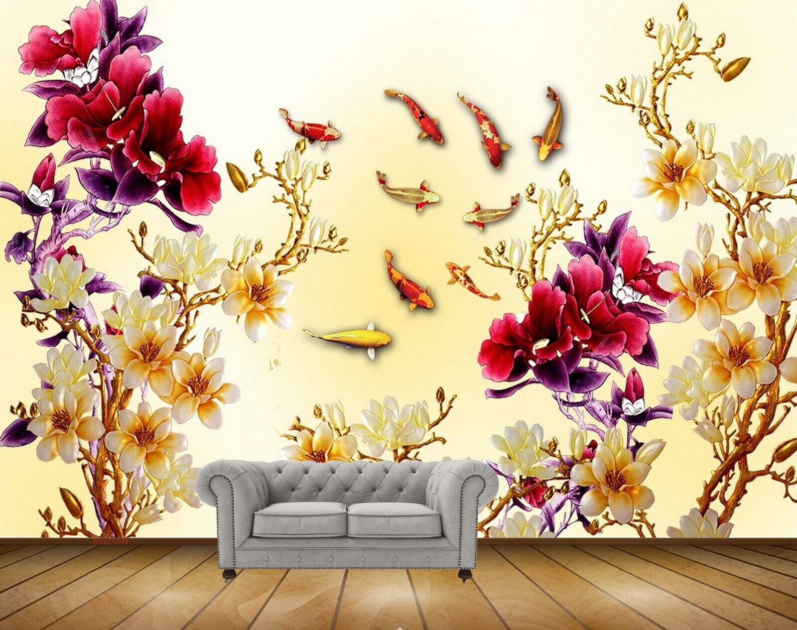 Avikalp MWZ1899 Pink Purple Flowers Fishes 3D HD Wallpaper