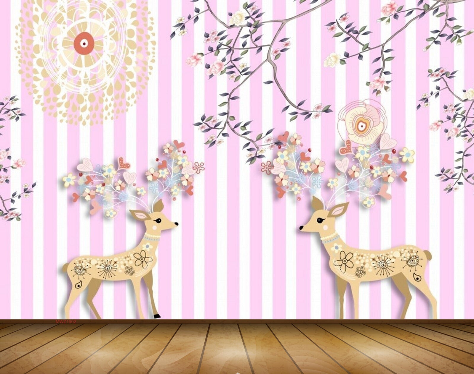 Avikalp MWZ1902 Deers Flowers Leaves 3D HD Wallpaper