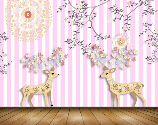 Avikalp MWZ1902 Deers Flowers Leaves 3D HD Wallpaper