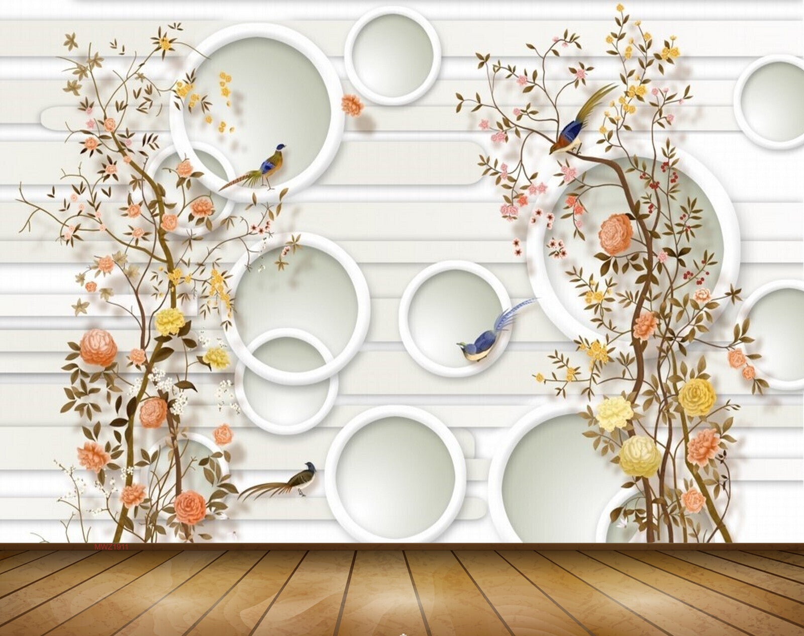 Avikalp MWZ1911 Peach Flowers Birds 3D HD Wallpaper