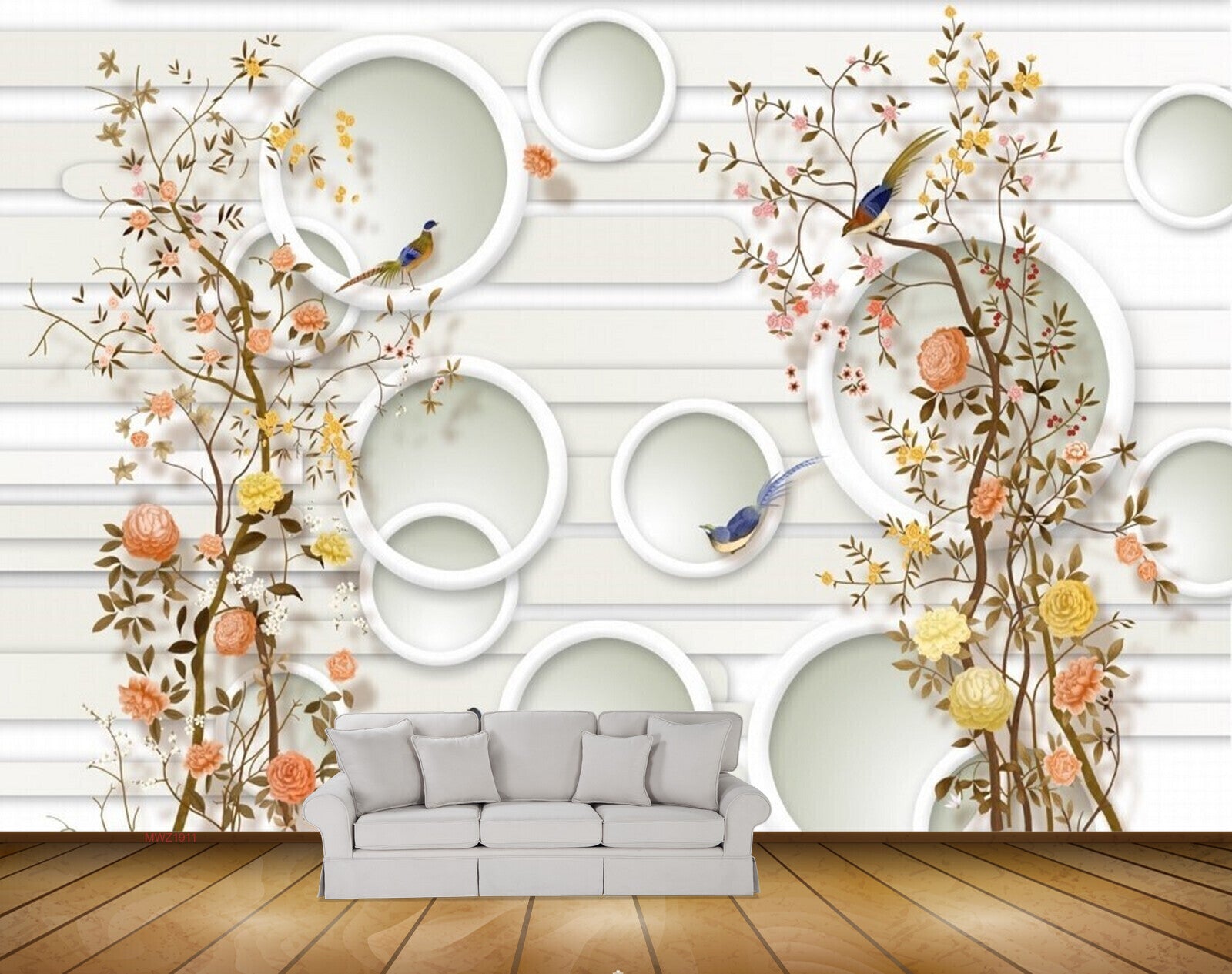 Avikalp MWZ1911 Peach Flowers Birds 3D HD Wallpaper