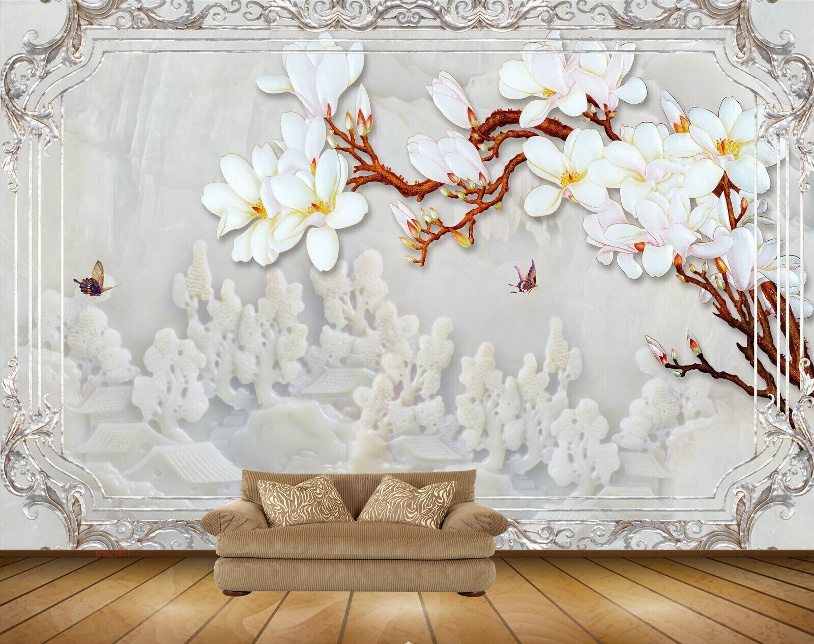 Avikalp MWZ1917 White Flowers Branches Flies 3D HD Wallpaper