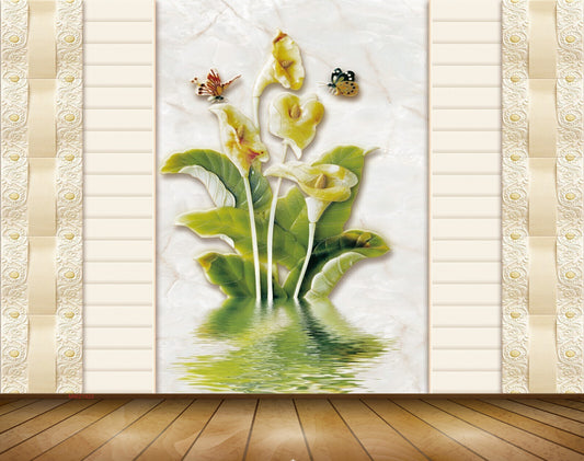 Avikalp MWZ1922 Yellow Flowers Leaves Butterflies 3D HD Wallpaper