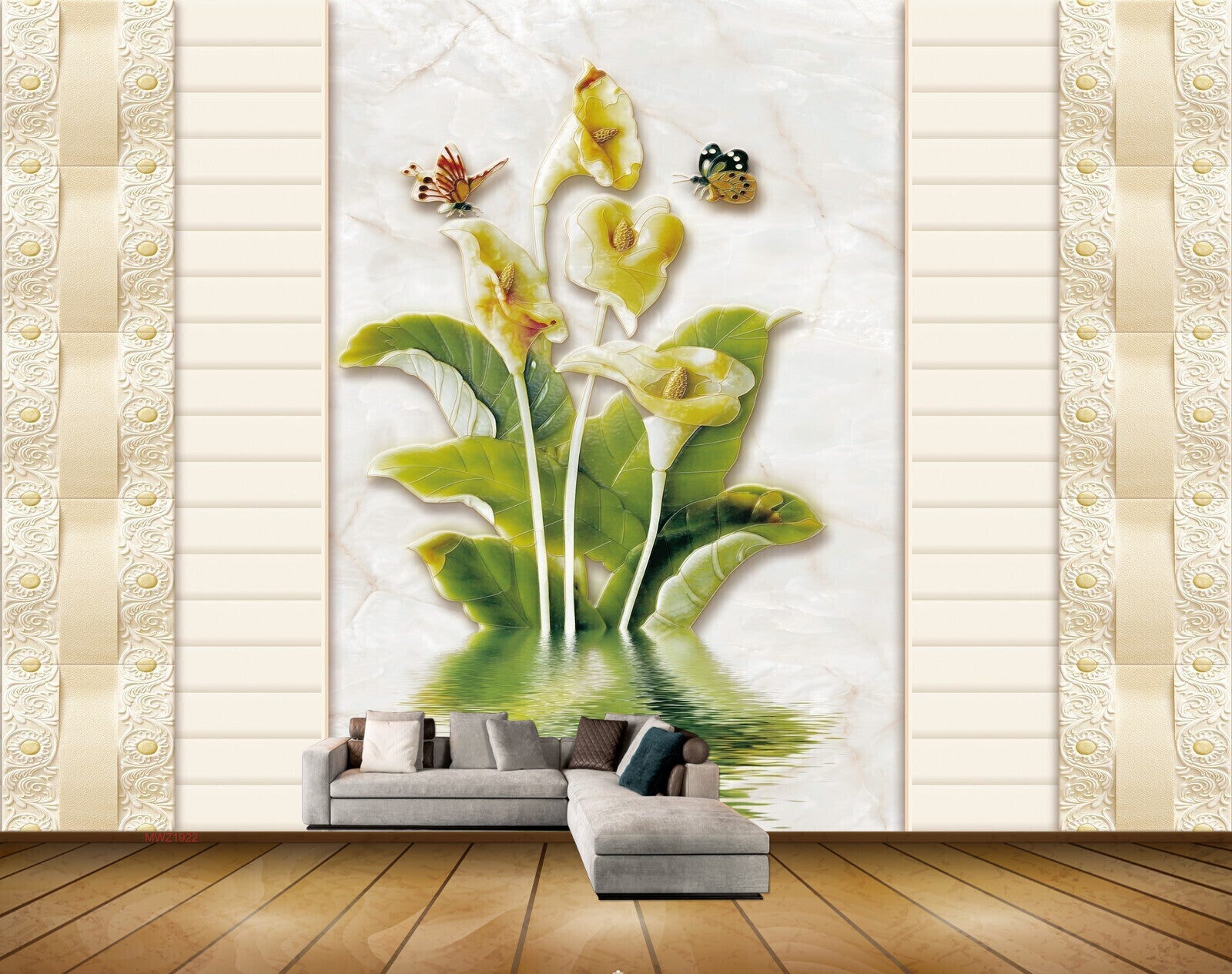 Avikalp MWZ1922 Yellow Flowers Leaves Butterflies 3D HD Wallpaper
