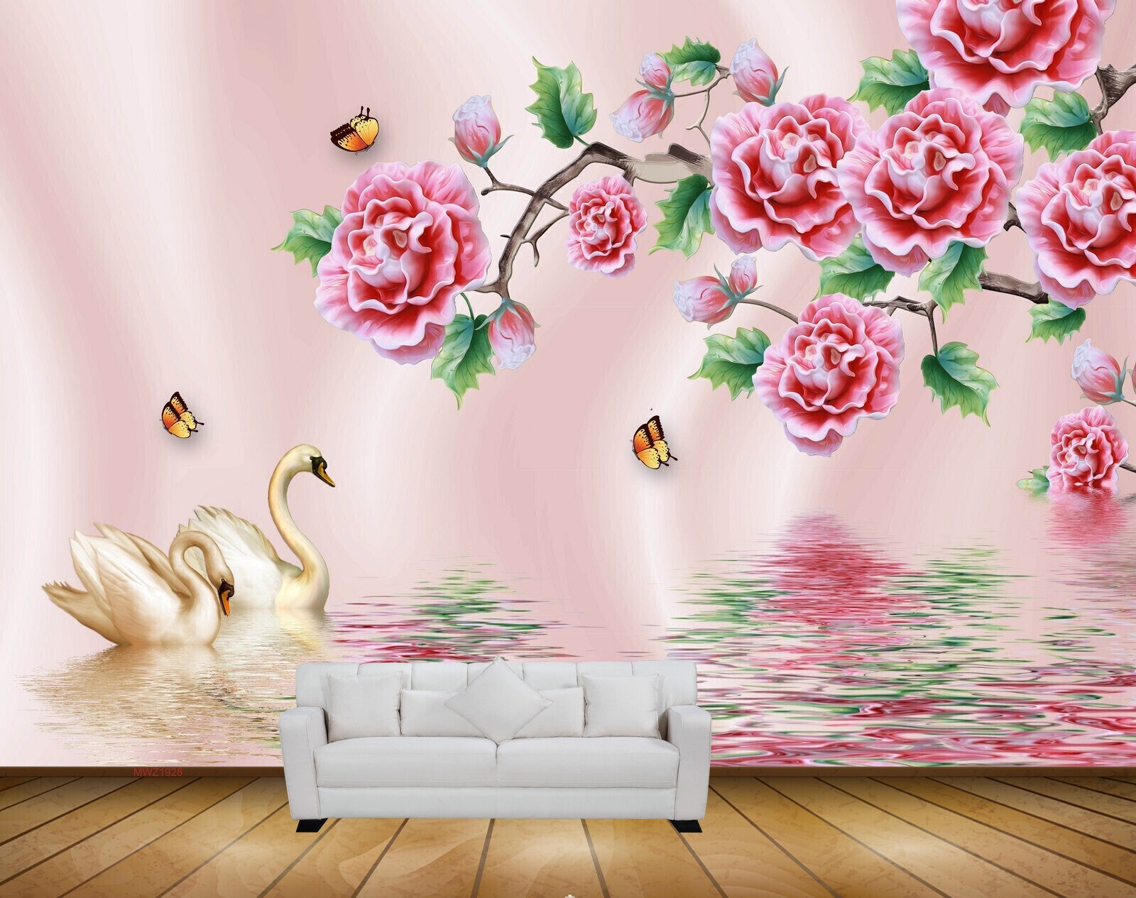 Avikalp MWZ1928 Pink Flowers Butterflies Swans HD Wallpaper