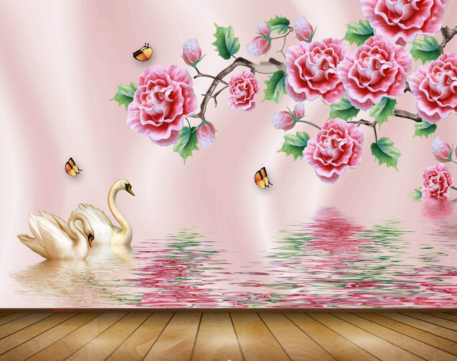 Avikalp MWZ1928 Pink Flowers Butterflies Swans 3D HD Wallpaper