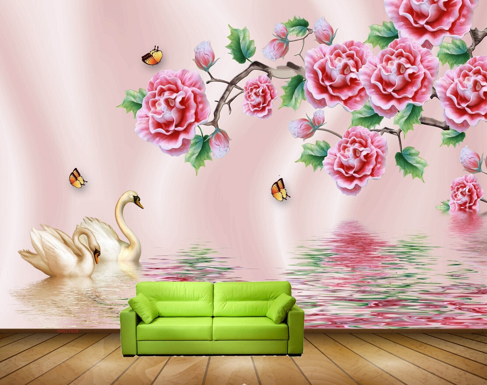 Avikalp MWZ1928 Pink Flowers Butterflies Swans 3D HD Wallpaper