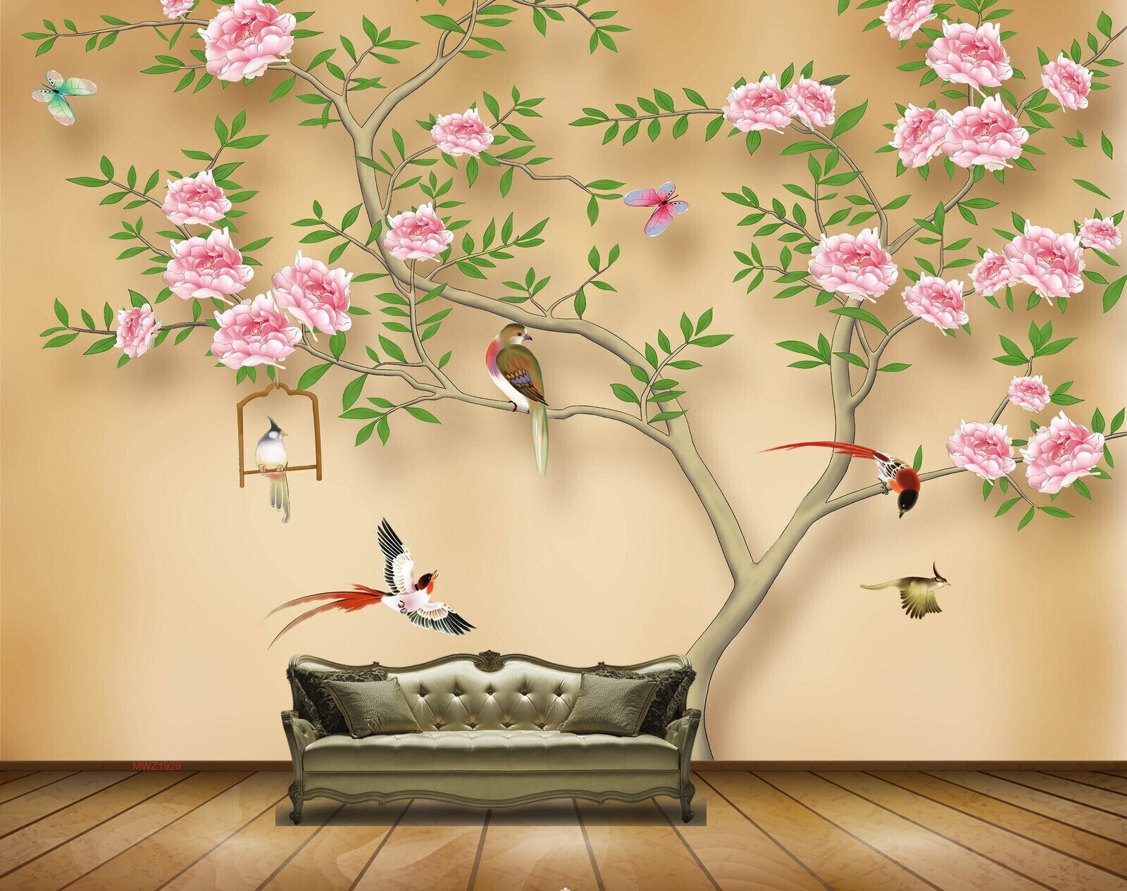 Avikalp MWZ1929 Pink Flowers Tree Birds HD Wallpaper