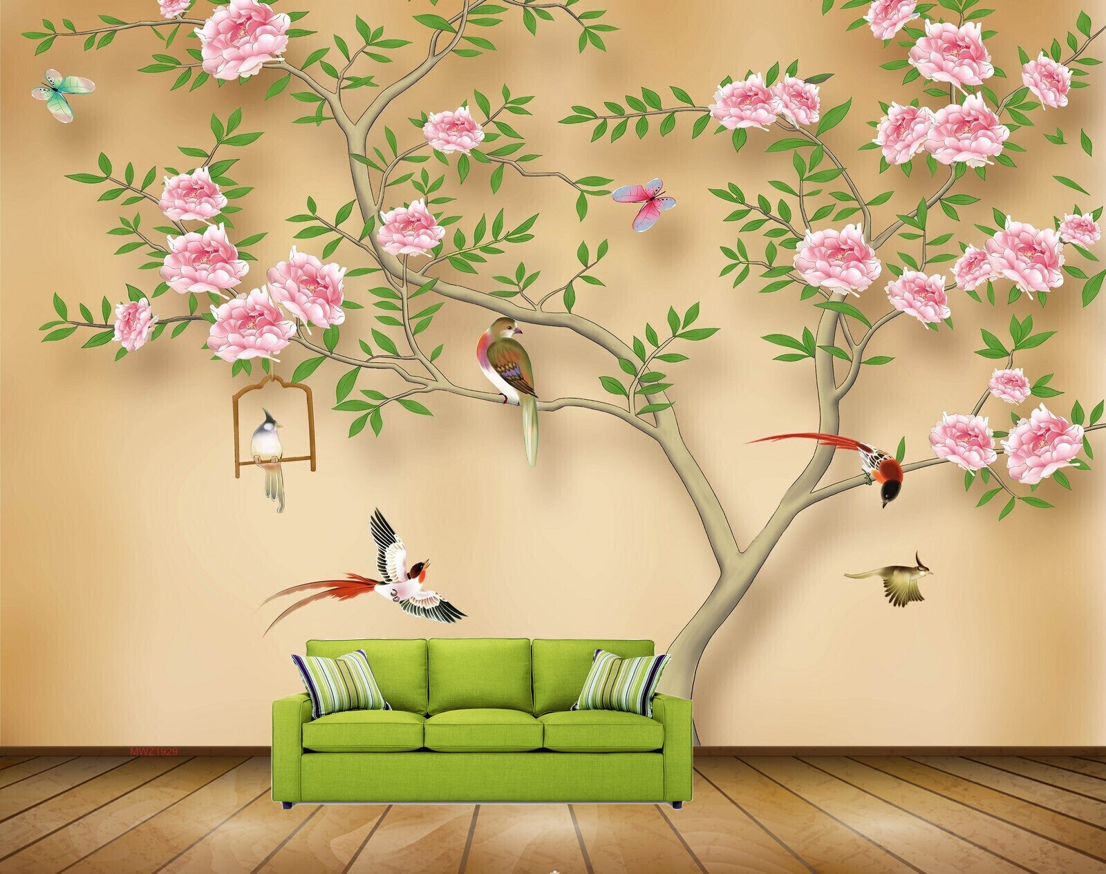 Avikalp MWZ1929 Pink Flowers Tree Birds 3D HD Wallpaper