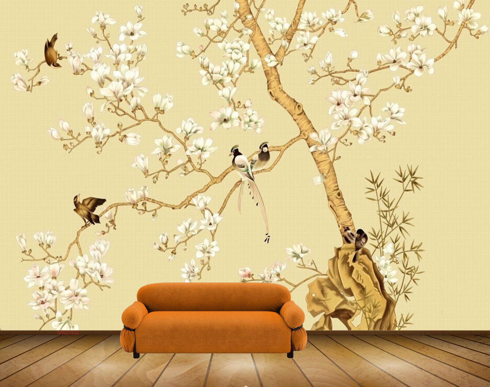 Avikalp MWZ1932 White Golden Flowers Tree Birds 3D HD Wallpaper