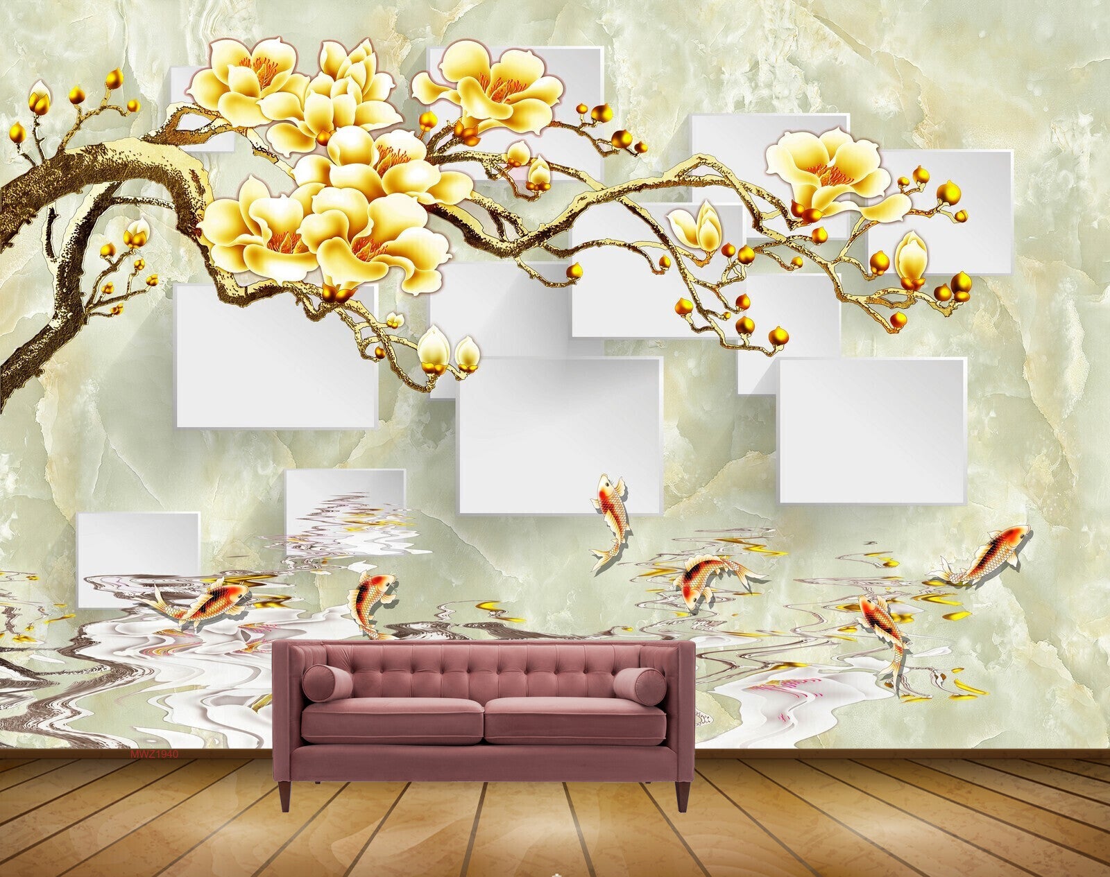 Avikalp MWZ1940 Golden White Flowers Fishes Branches 3D HD Wallpaper