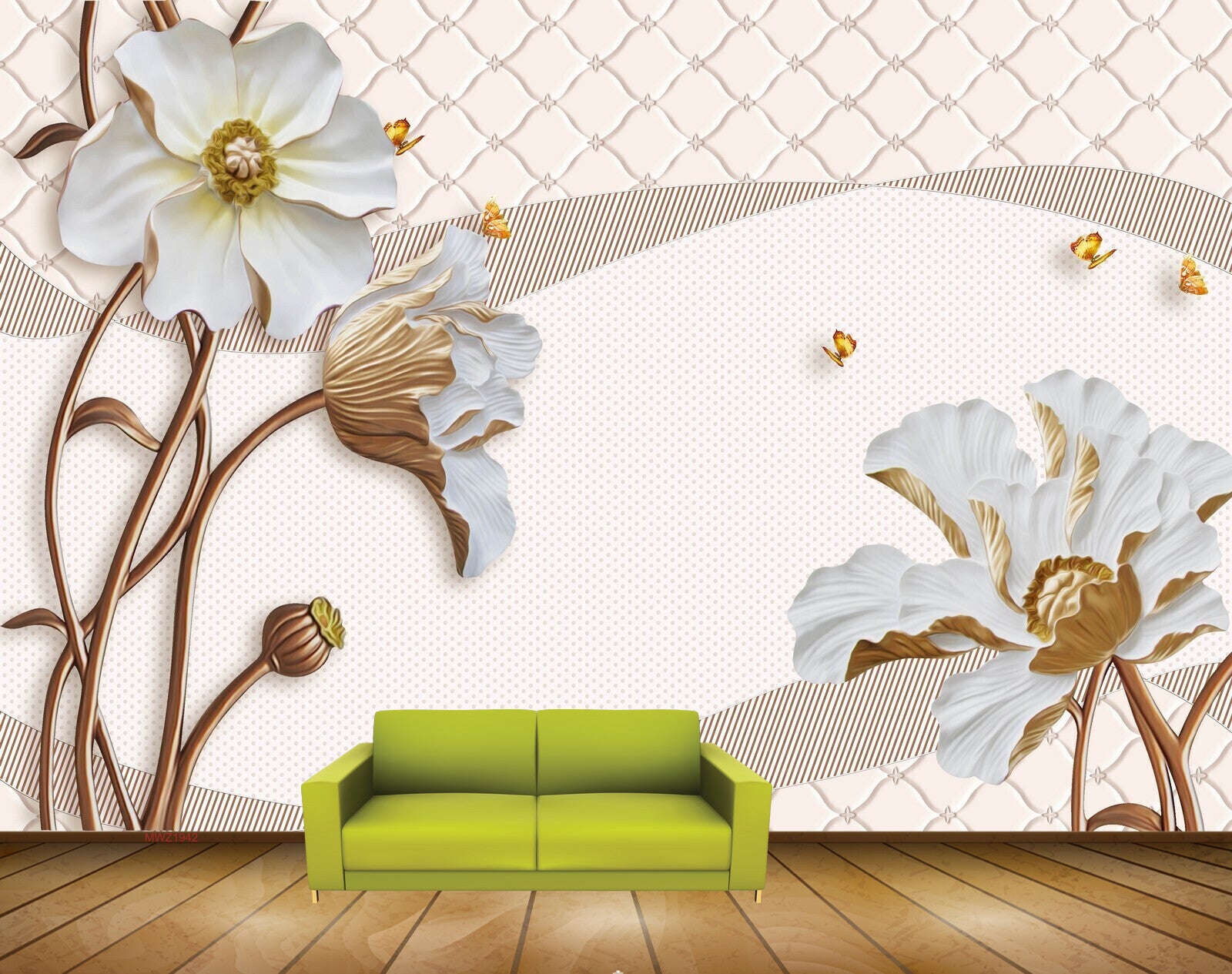 Avikalp MWZ1942 White Golden Flowers Butterflies 3D HD Wallpaper