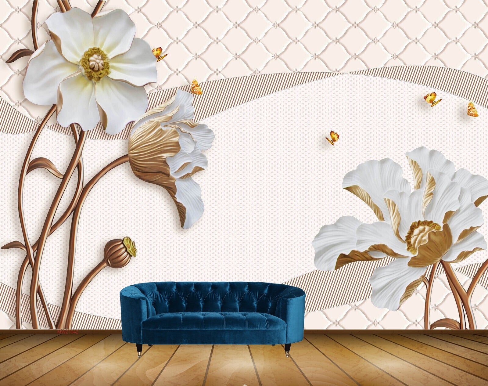 Avikalp MWZ1942 White Golden Flowers Butterflies 3D HD Wallpaper