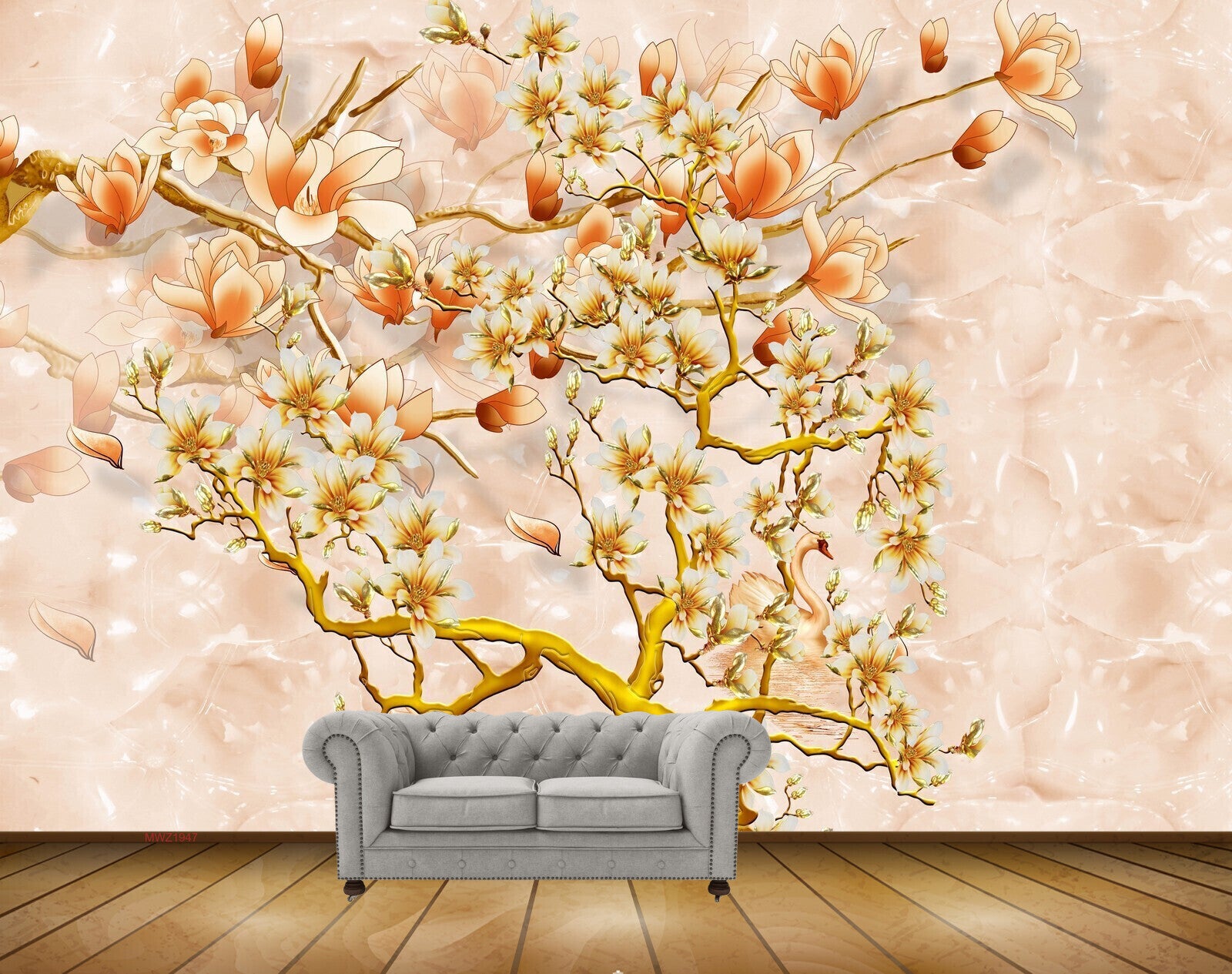 Avikalp MWZ1947 White Orange Flowers Tree 3D HD Wallpaper