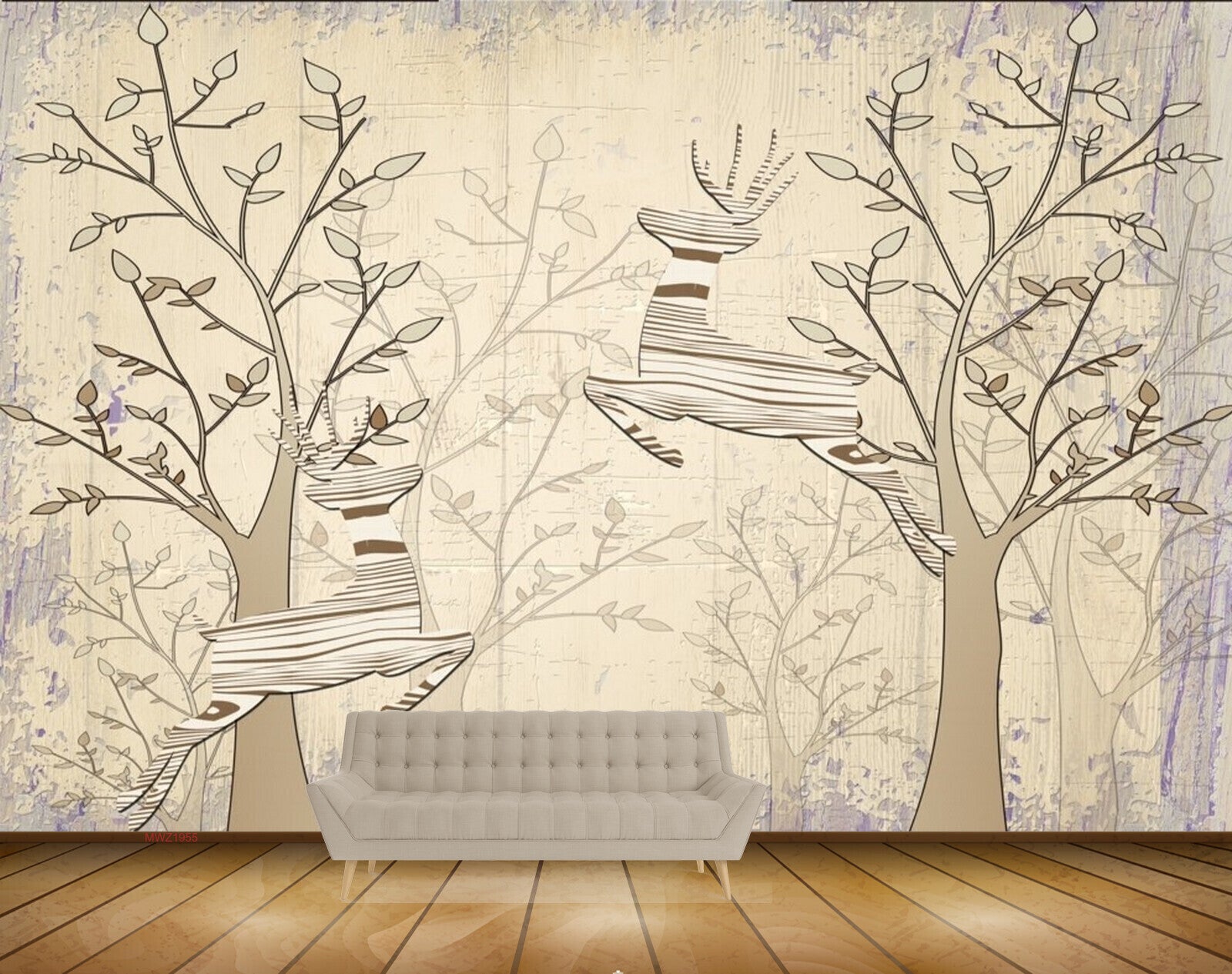 Avikalp MWZ1955 White Leaves Trees Deers 3D HD Wallpaper