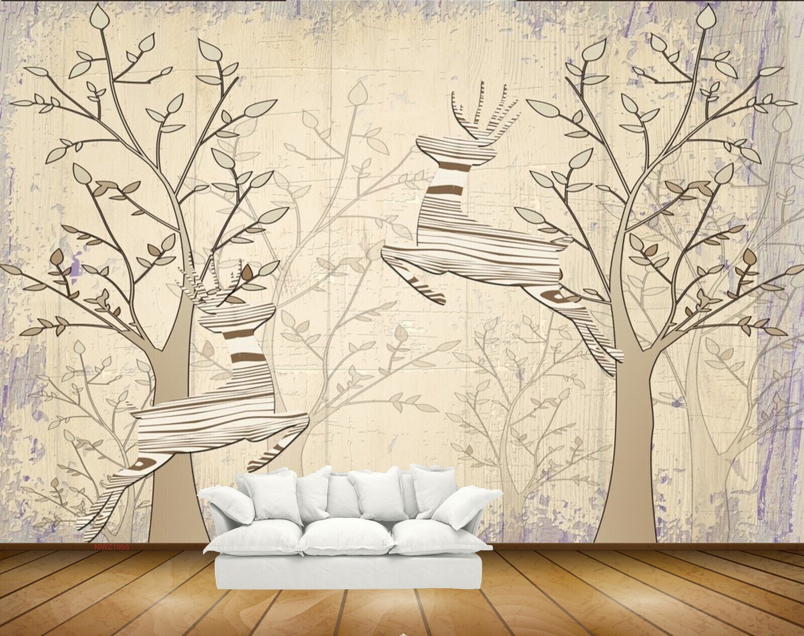 Avikalp MWZ1955 White Leaves Trees Deers 3D HD Wallpaper