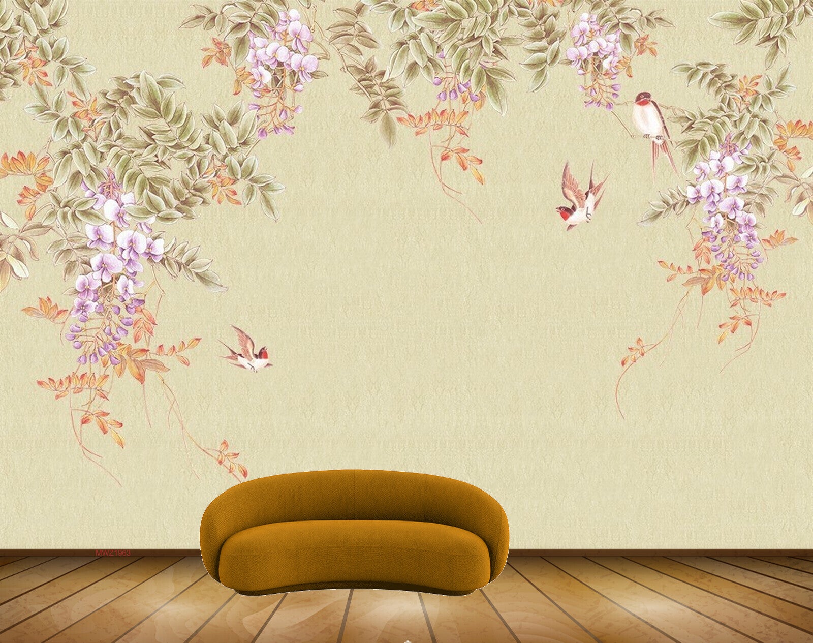 Avikalp MWZ1963 Pink Orange Flowers Leaves Birds 3D HD Wallpaper