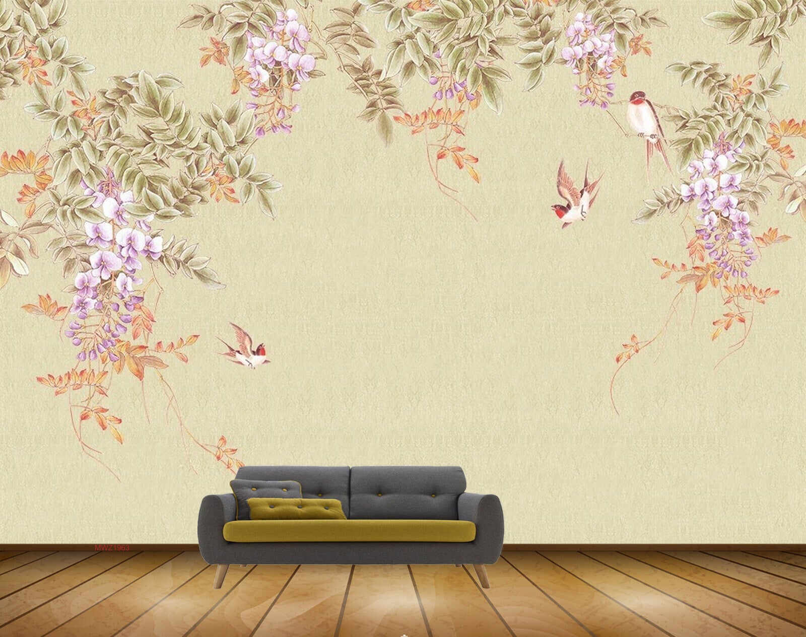 Avikalp MWZ1963 Pink Orange Flowers Leaves Birds 3D HD Wallpaper