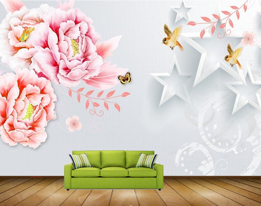 Avikalp MWZ1964 Pink Peach Flowers Butterflies Birds HD Wallpaper