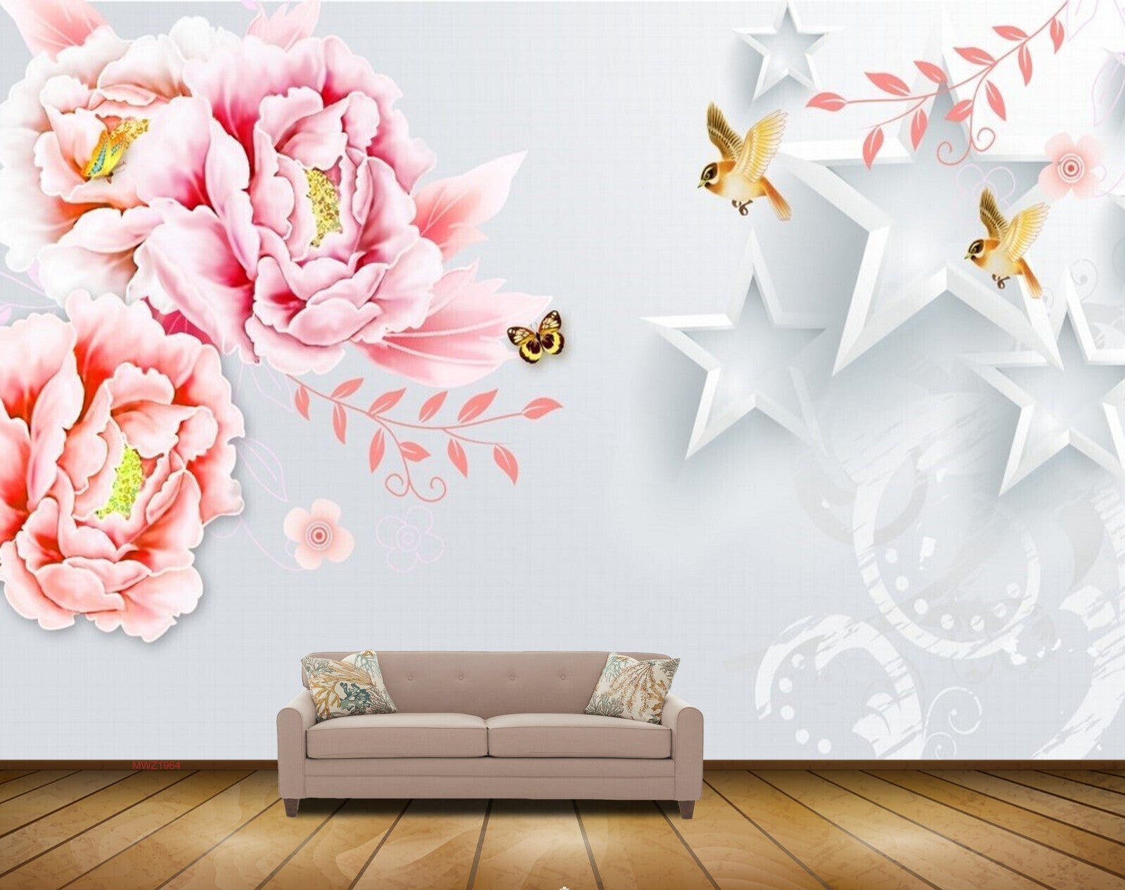 Avikalp MWZ1964 Pink Peach Flowers Butterflies Birds 3D HD Wallpaper