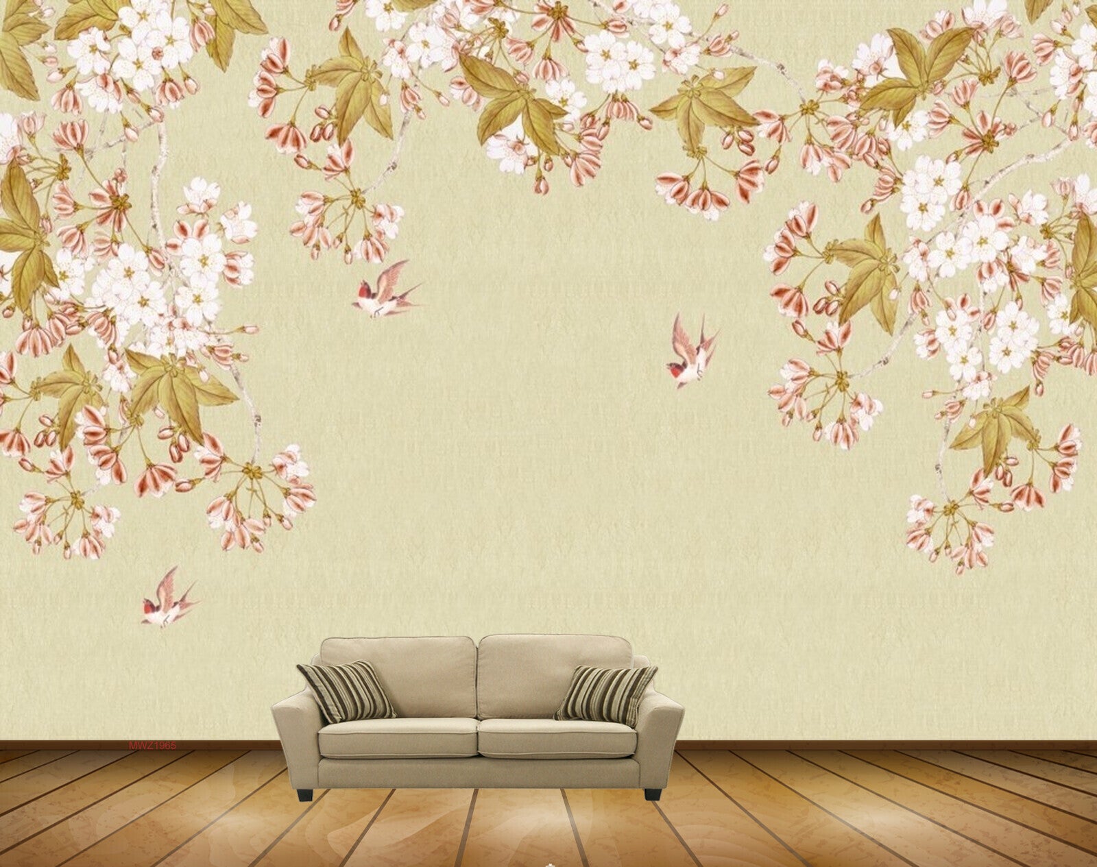 Avikalp MWZ1965 Pink White Flowers Birds 3D HD Wallpaper