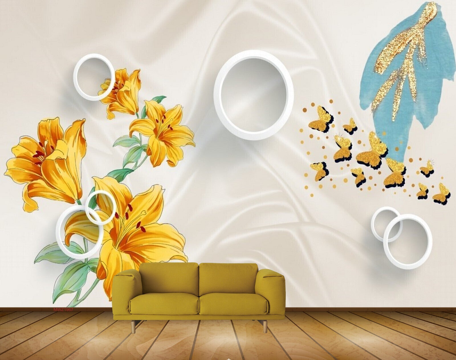 Avikalp MWZ1967 Orange Flowers Butterflies 3D HD Wallpaper