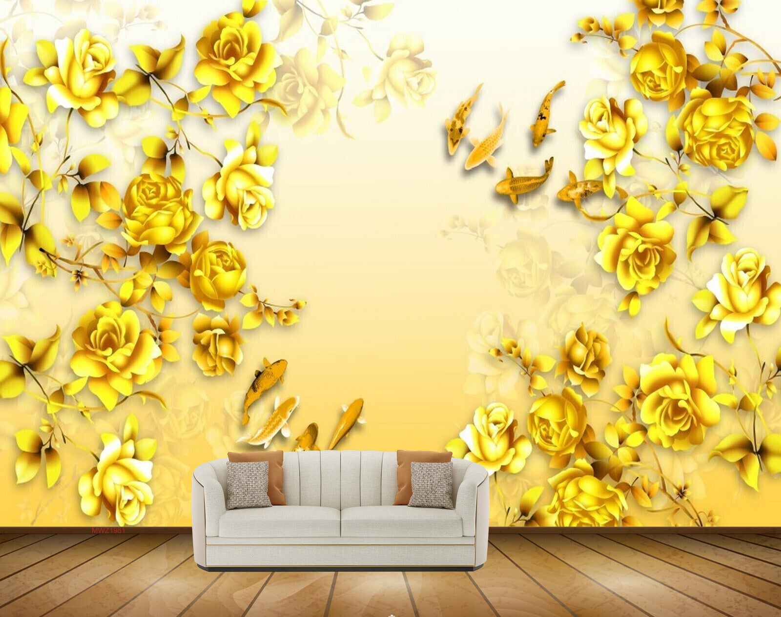 Avikalp MWZ1981 Golden Flowers Fishes 3D HD Wallpaper